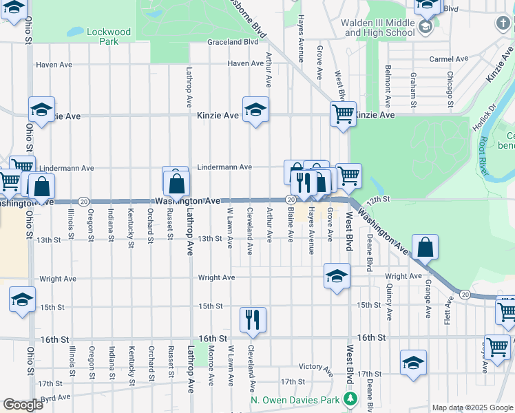 map of restaurants, bars, coffee shops, grocery stores, and more near 3517 Washington Avenue in Racine