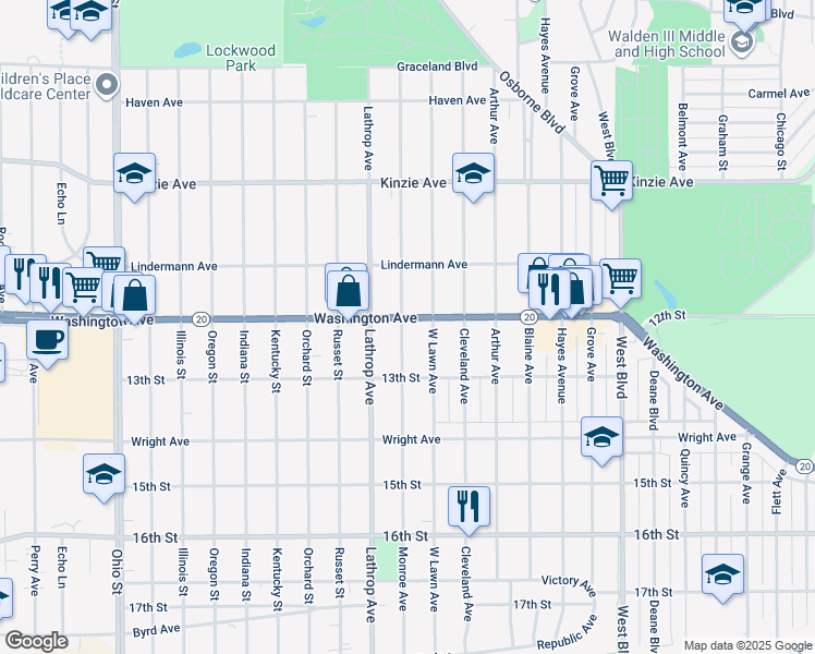 map of restaurants, bars, coffee shops, grocery stores, and more near 3801 Washington Avenue in Racine