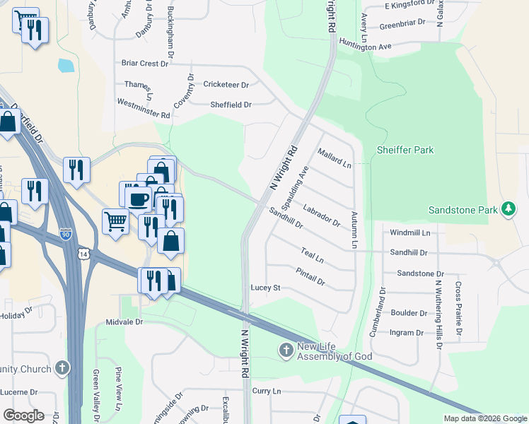 map of restaurants, bars, coffee shops, grocery stores, and more near 3640 Sandhill Drive in Janesville