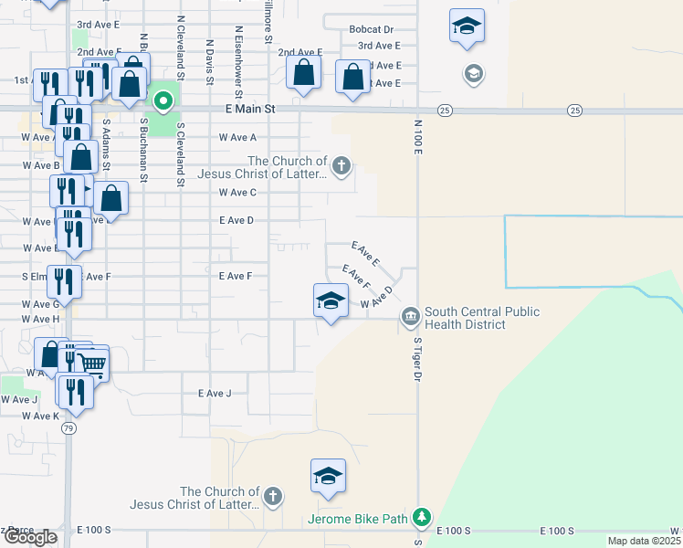 map of restaurants, bars, coffee shops, grocery stores, and more near 909 East Avenue F in Jerome