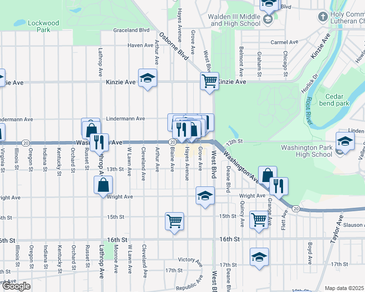 map of restaurants, bars, coffee shops, grocery stores, and more near 3311 Washington Avenue in Racine