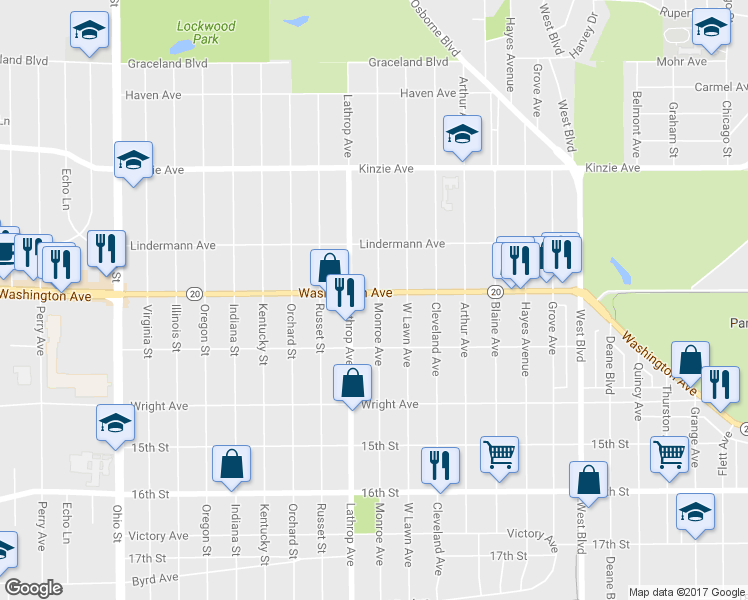 map of restaurants, bars, coffee shops, grocery stores, and more near 3801 Washington Avenue in Racine