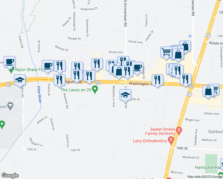map of restaurants, bars, coffee shops, grocery stores, and more near 6315 Washington Avenue in Mount Pleasant