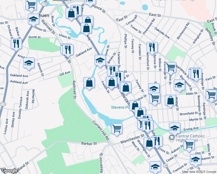 map of restaurants, bars, coffee shops, grocery stores, and more near 4 Broadway in Methuen