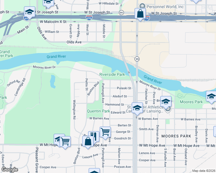 map of restaurants, bars, coffee shops, grocery stores, and more near 1322 Park Avenue in Lansing