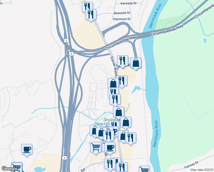 map of restaurants, bars, coffee shops, grocery stores, and more near 46 Bluestone Drive in Nashua
