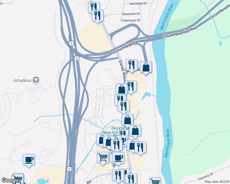 map of restaurants, bars, coffee shops, grocery stores, and more near 46 Bluestone Drive in Nashua