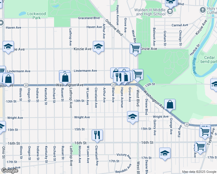 map of restaurants, bars, coffee shops, grocery stores, and more near 3417 Washington Ave in Racine