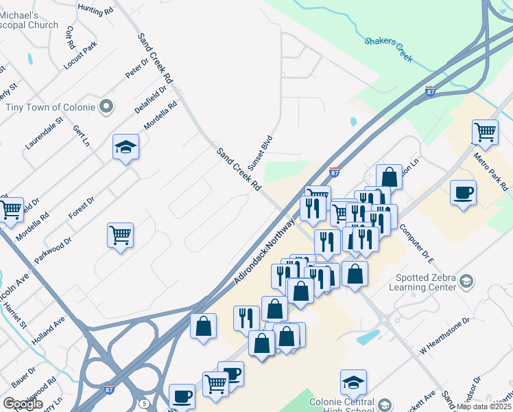 map of restaurants, bars, coffee shops, grocery stores, and more near 490 Sand Creek Road in Colonie