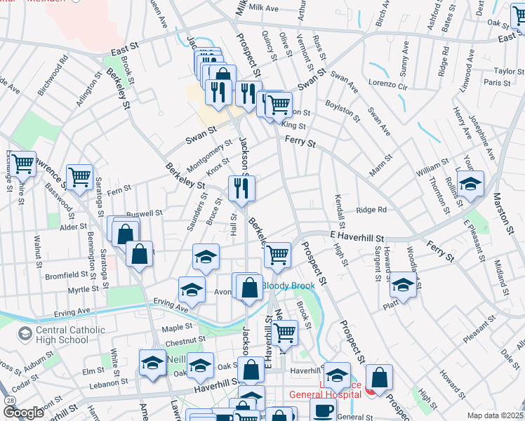 map of restaurants, bars, coffee shops, grocery stores, and more near 49B Berkeley Street in Lawrence