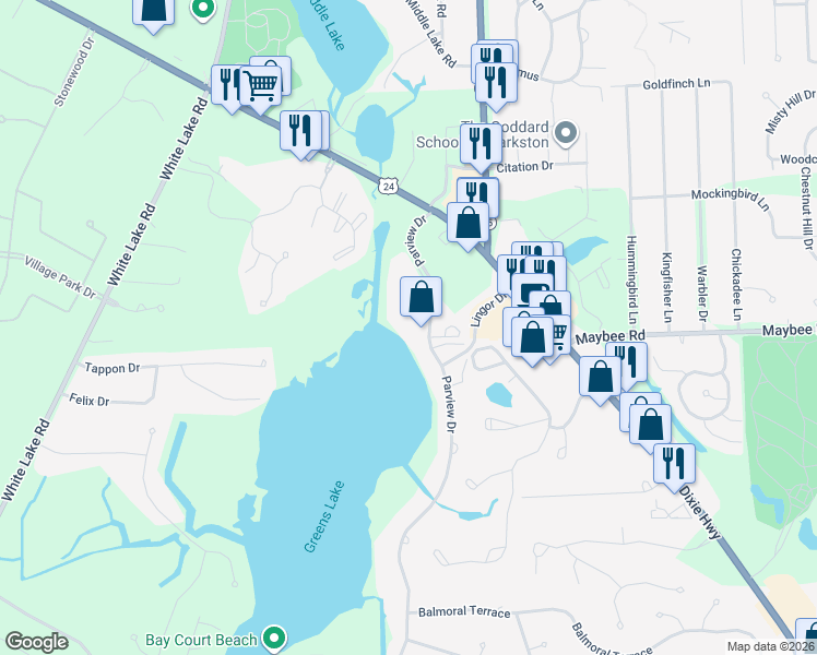 map of restaurants, bars, coffee shops, grocery stores, and more near 5591 Parview Drive in Independence charter Township