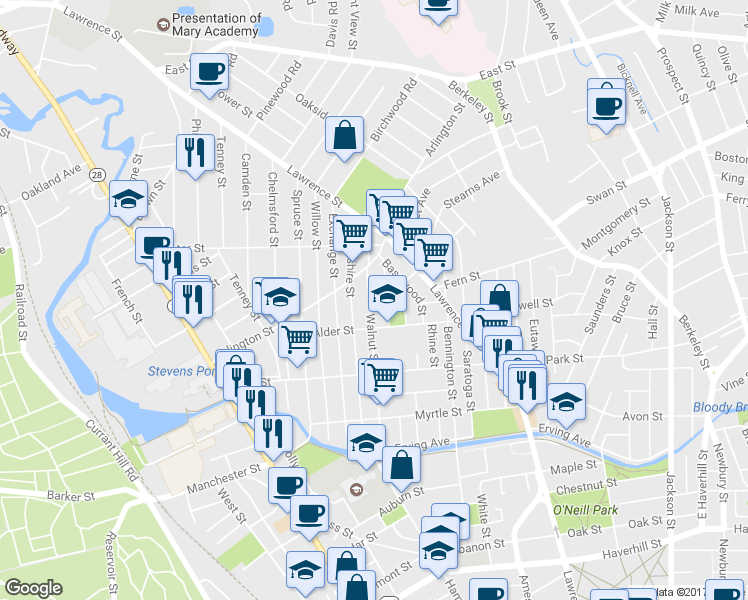 map of restaurants, bars, coffee shops, grocery stores, and more near 205 Walnut Street in Lawrence