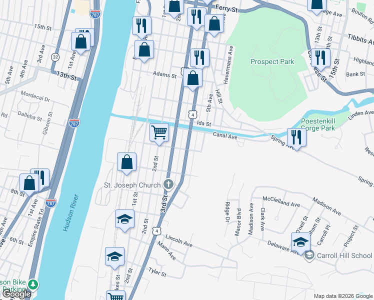 map of restaurants, bars, coffee shops, grocery stores, and more near 4th Street & Madison Street in Troy