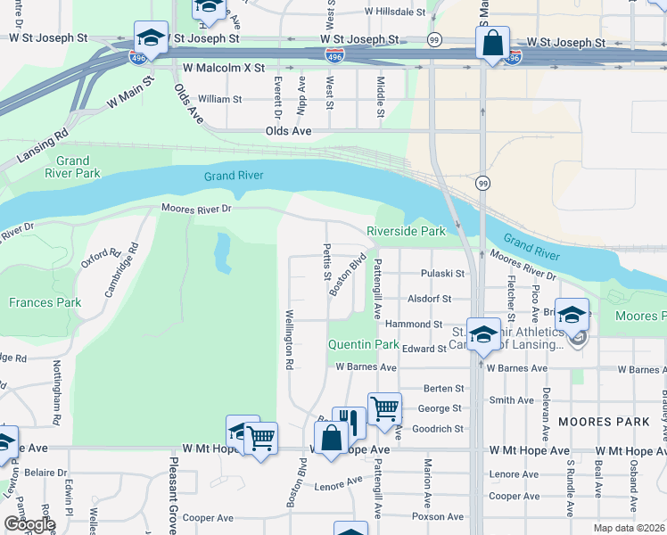 map of restaurants, bars, coffee shops, grocery stores, and more near 1409 Pettis St in Lansing