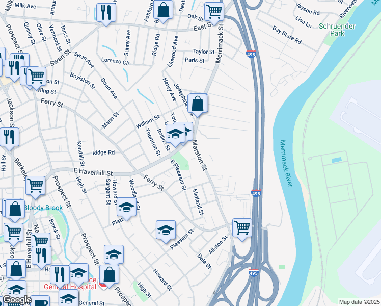 map of restaurants, bars, coffee shops, grocery stores, and more near 255 East Haverhill Street in Lawrence