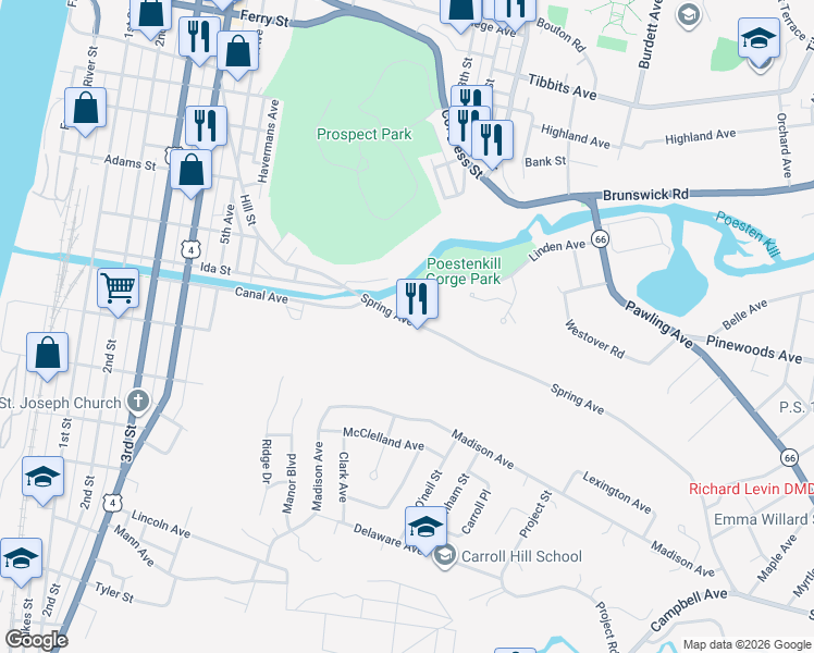 map of restaurants, bars, coffee shops, grocery stores, and more near 10 Spring Avenue in Troy