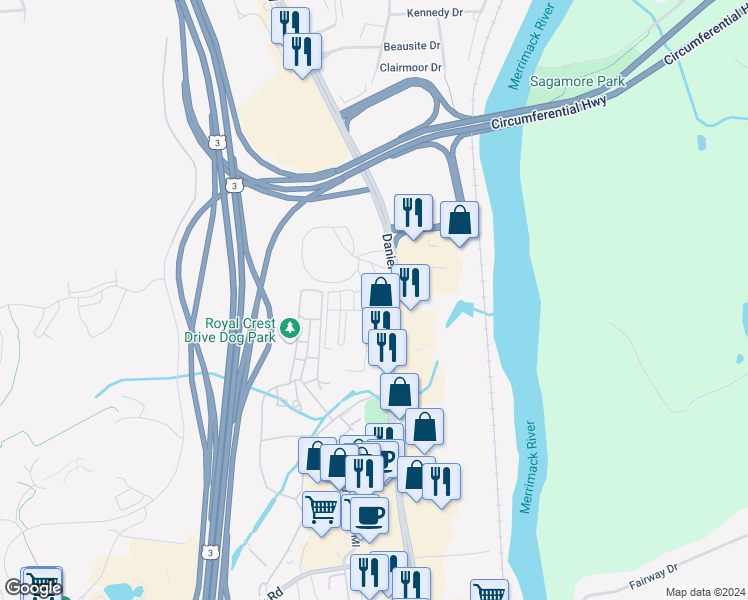 map of restaurants, bars, coffee shops, grocery stores, and more near 46 Bluestone Drive in Nashua