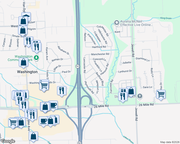 map of restaurants, bars, coffee shops, grocery stores, and more near 11104 Milford Lane in Washington