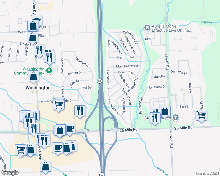 map of restaurants, bars, coffee shops, grocery stores, and more near 11041 Milford Lane in Washington