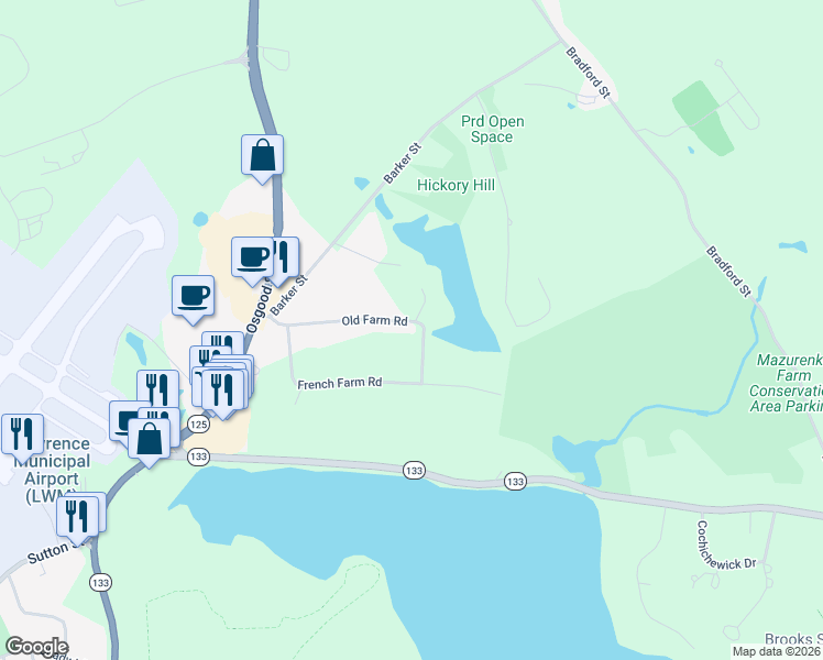 map of restaurants, bars, coffee shops, grocery stores, and more near 119 Old Farm Road in North Andover
