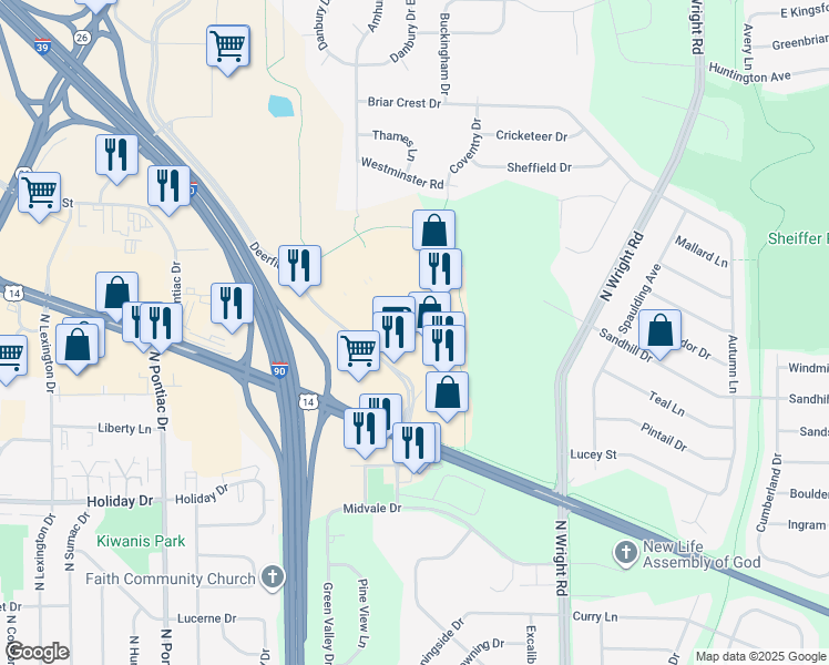 map of restaurants, bars, coffee shops, grocery stores, and more near 2900 Deerfield Drive in Janesville