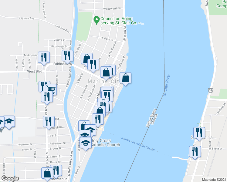 map of restaurants, bars, coffee shops, grocery stores, and more near 124 South Water Street in Marine City