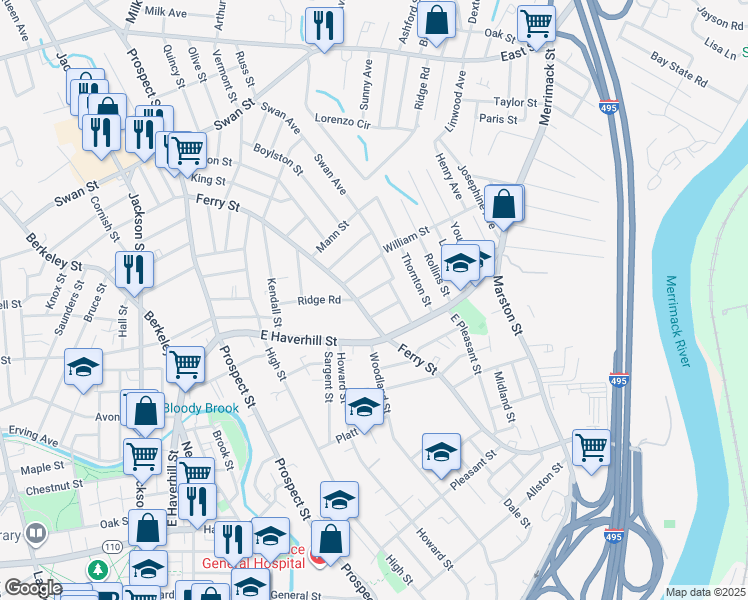 map of restaurants, bars, coffee shops, grocery stores, and more near 5 Harriman Street in Lawrence