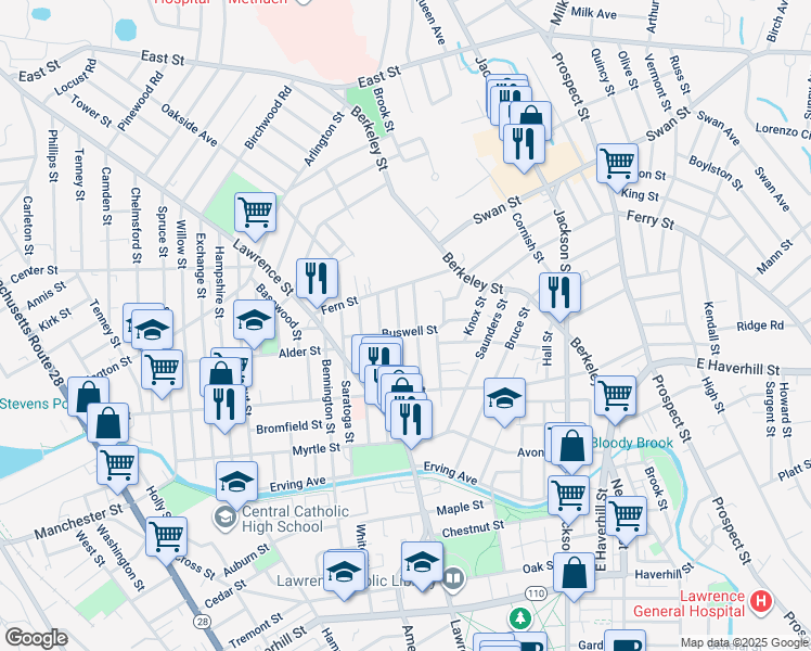 map of restaurants, bars, coffee shops, grocery stores, and more near 89 Trenton Street in Lawrence