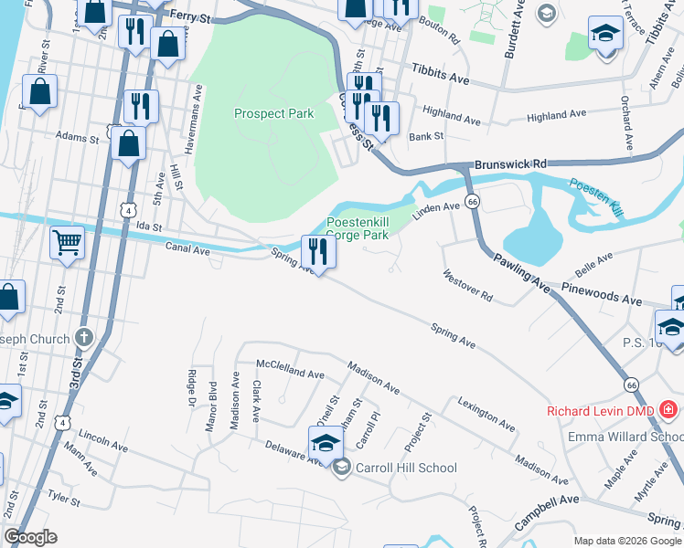 map of restaurants, bars, coffee shops, grocery stores, and more near 25 Spring Avenue in Troy