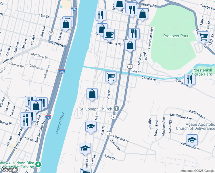 map of restaurants, bars, coffee shops, grocery stores, and more near 153 Madison Street in Troy