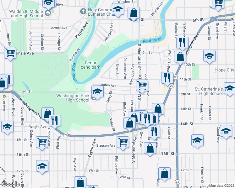map of restaurants, bars, coffee shops, grocery stores, and more near 1842 12th Street in Racine