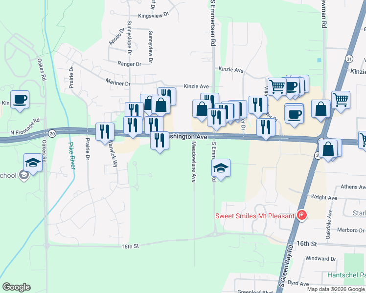 map of restaurants, bars, coffee shops, grocery stores, and more near 6315 Washington Avenue in Mount Pleasant
