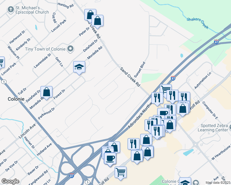 map of restaurants, bars, coffee shops, grocery stores, and more near 15 Moon Drive in Colonie
