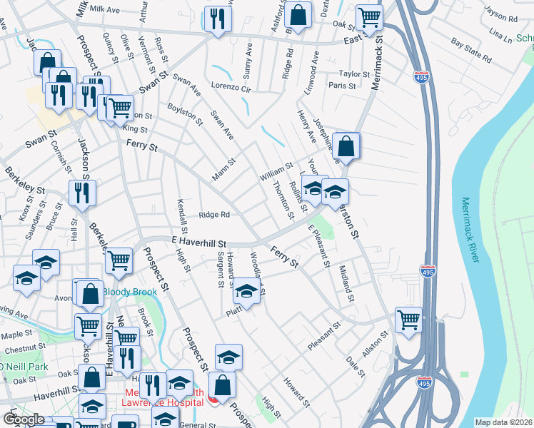 map of restaurants, bars, coffee shops, grocery stores, and more near 17 Hamilton Street in Lawrence