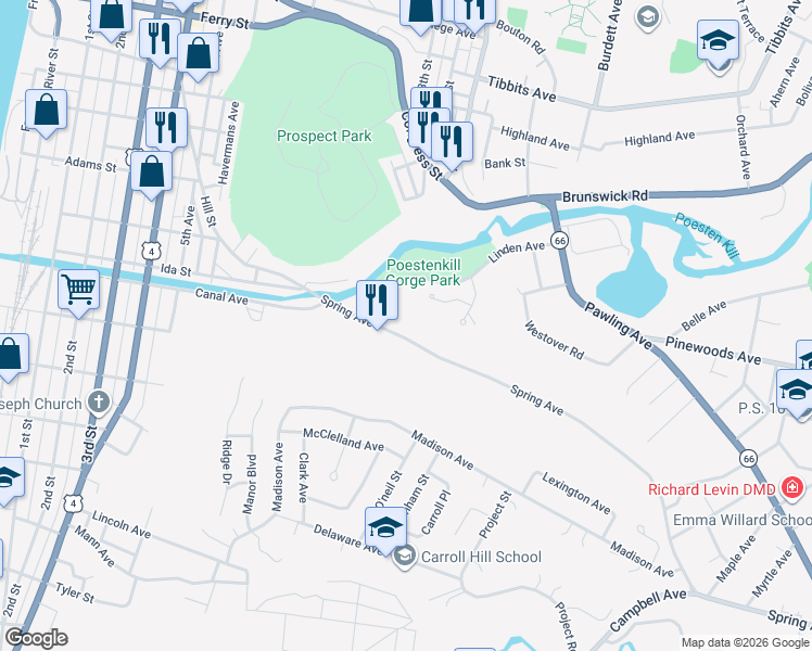 map of restaurants, bars, coffee shops, grocery stores, and more near 25 Spring Avenue in Troy