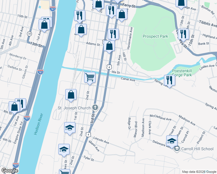 map of restaurants, bars, coffee shops, grocery stores, and more near 448 Madison Street in Troy