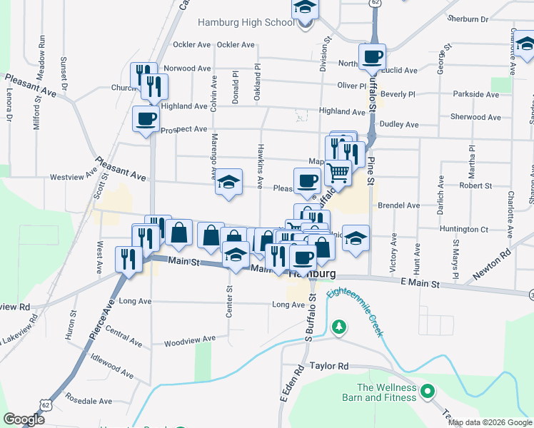 map of restaurants, bars, coffee shops, grocery stores, and more near 23 Hawkins Avenue in Hamburg