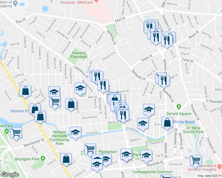 map of restaurants, bars, coffee shops, grocery stores, and more near 103 Bunkerhill Street in Lawrence