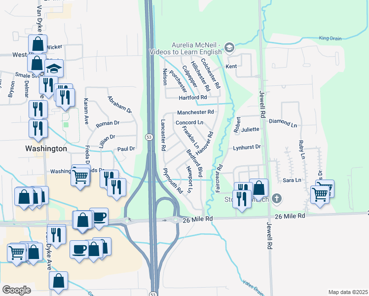 map of restaurants, bars, coffee shops, grocery stores, and more near 57431 Plymouth Road in Washington