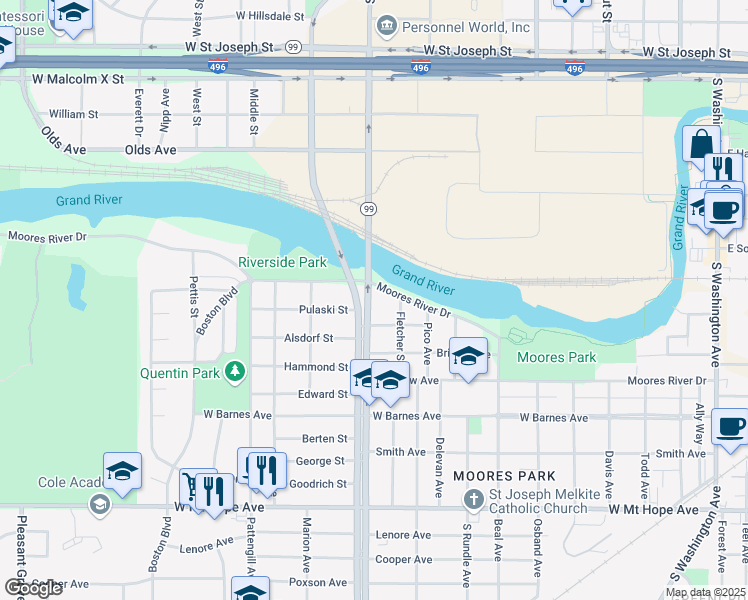 map of restaurants, bars, coffee shops, grocery stores, and more near 1319 South Martin Luther King Junior Boulevard in Lansing