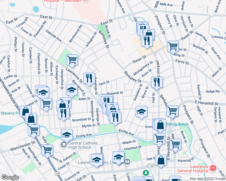 map of restaurants, bars, coffee shops, grocery stores, and more near 89 Trenton Street in Lawrence