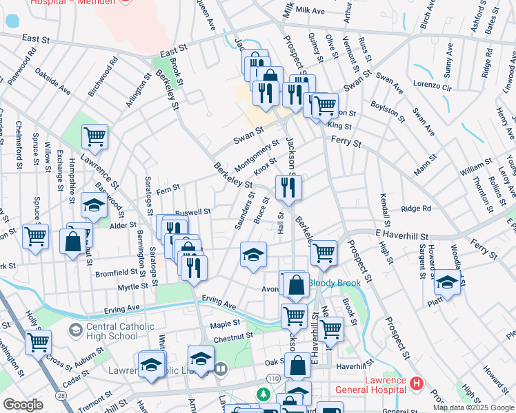 map of restaurants, bars, coffee shops, grocery stores, and more near 229 Bruce Street in Lawrence