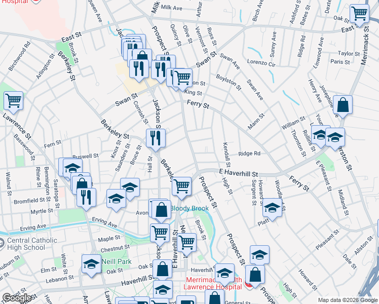 map of restaurants, bars, coffee shops, grocery stores, and more near 334 Prospect Street in Lawrence
