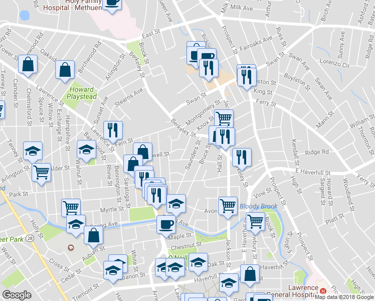 map of restaurants, bars, coffee shops, grocery stores, and more near 90 Knox Street in Lawrence