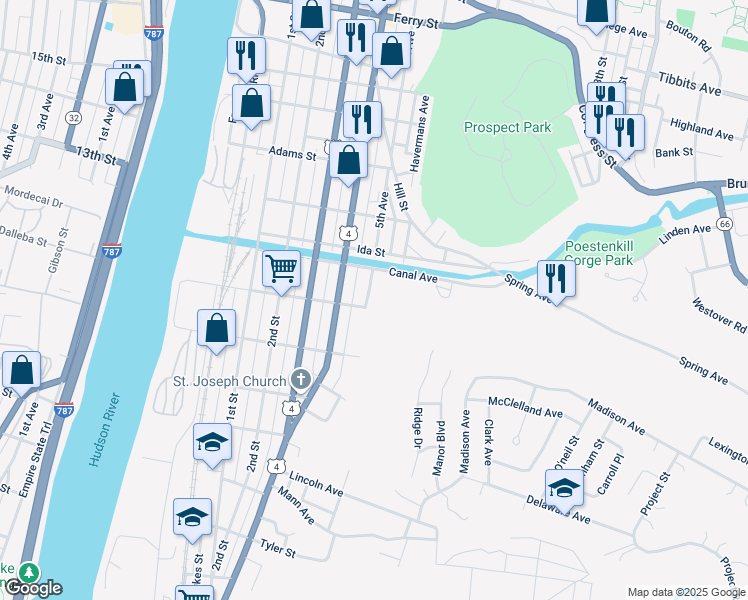 map of restaurants, bars, coffee shops, grocery stores, and more near 1004 5th Avenue in Troy