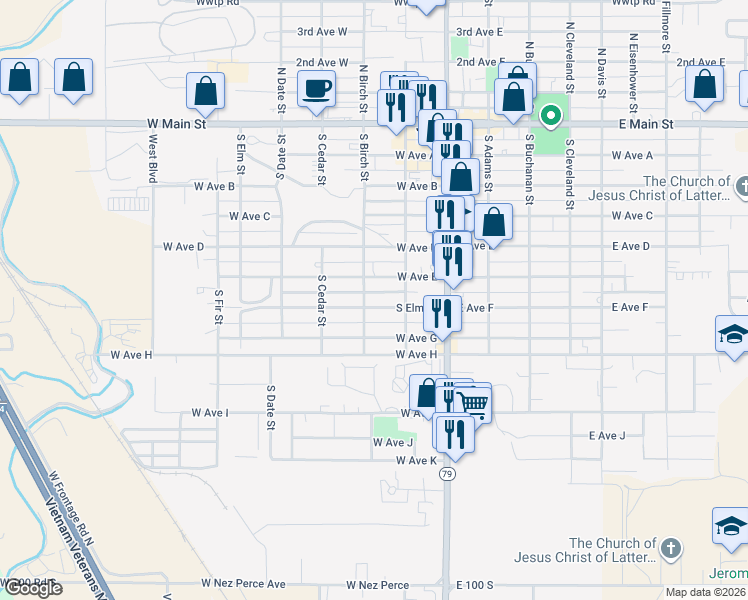 map of restaurants, bars, coffee shops, grocery stores, and more near 224 West Avenue F in Jerome