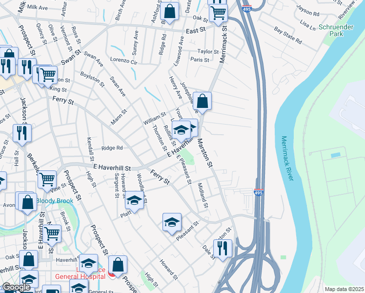 map of restaurants, bars, coffee shops, grocery stores, and more near 255 East Haverhill Street in Lawrence