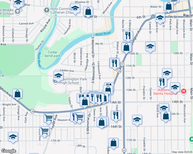 map of restaurants, bars, coffee shops, grocery stores, and more near 1500 12th Street in Racine