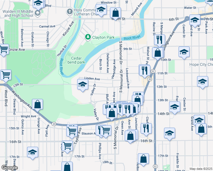 map of restaurants, bars, coffee shops, grocery stores, and more near 1720 12th Street in Racine