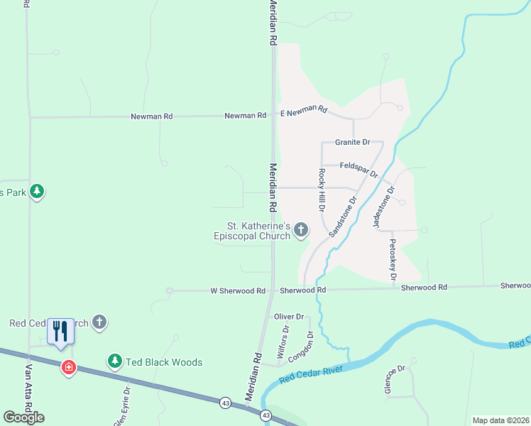 map of restaurants, bars, coffee shops, grocery stores, and more near 4695 Meridian Road in Williamston